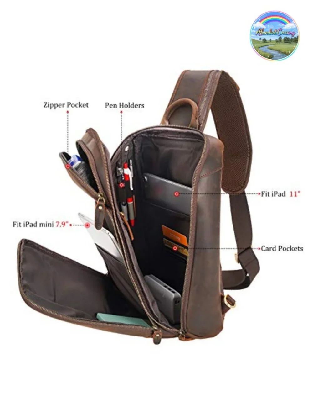 Leather Sling Shoulder Bag Men's Travel Hiking Daypack Crossbody